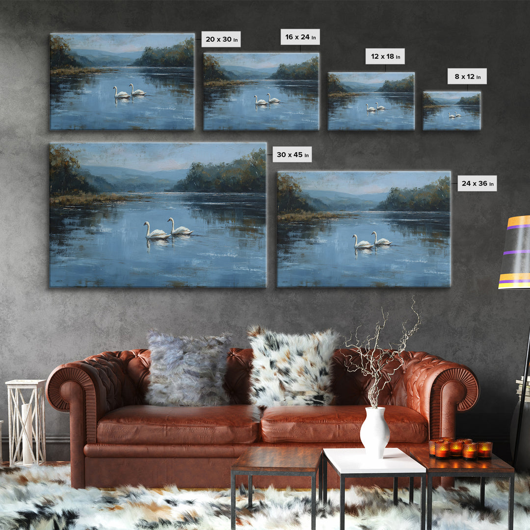 Paired Swans in a Dreamy Painterly Lake Framed Canvas Print, Above Bed Art, Printable Wall Art, Bedroom Decor, Serenity, ABA-3x2-2