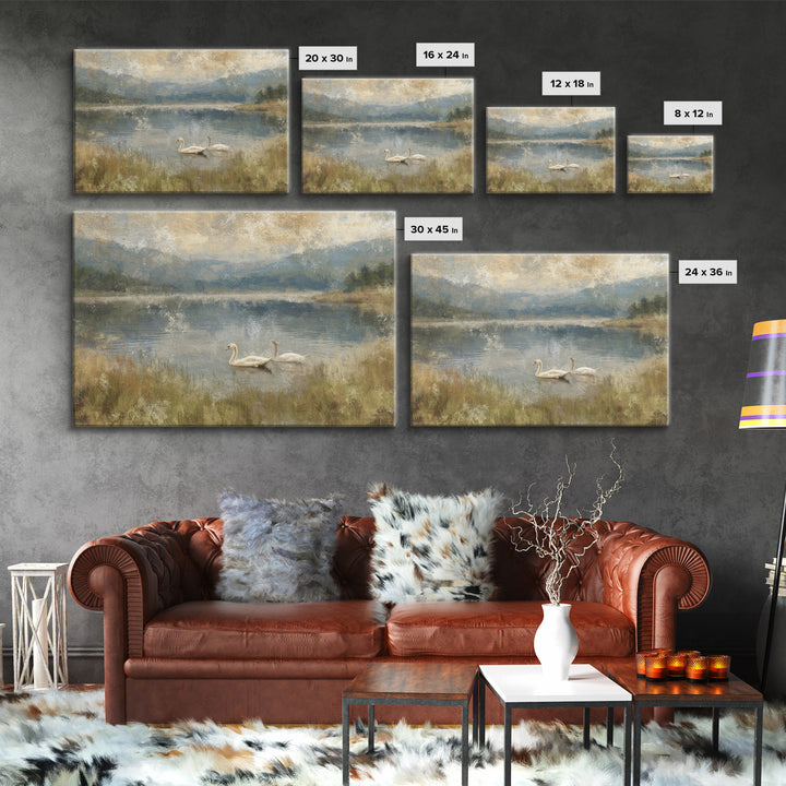 Paired Swans in a Dreamy Painterly Lake Canvas Print, Above Bed Art, Canvas Wall Art, Bedroom Decor, Watercolor Art, Serenity, ABA-3x2-26