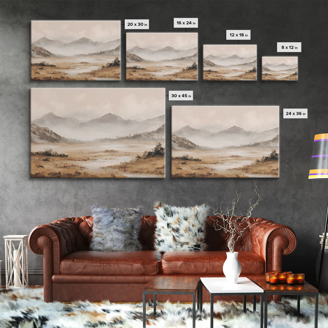 Panoramic Misty Mountain Landscape Framed Canvas Print, Above Bed Art, Dopamine Decor, Bedroom Decor, Oil Painting, Serenity, ABA-3x2-5