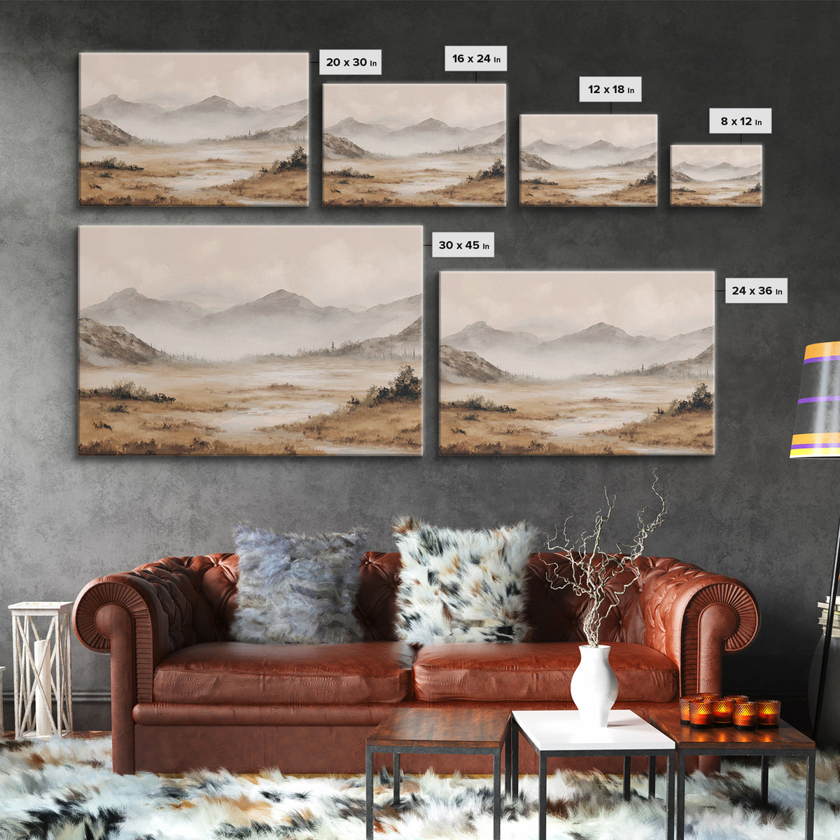 Panoramic Misty Mountain Landscape Framed Canvas Print, Above Bed Art, Dopamine Decor, Bedroom Decor, Oil Painting, Serenity, ABA-3x2-5