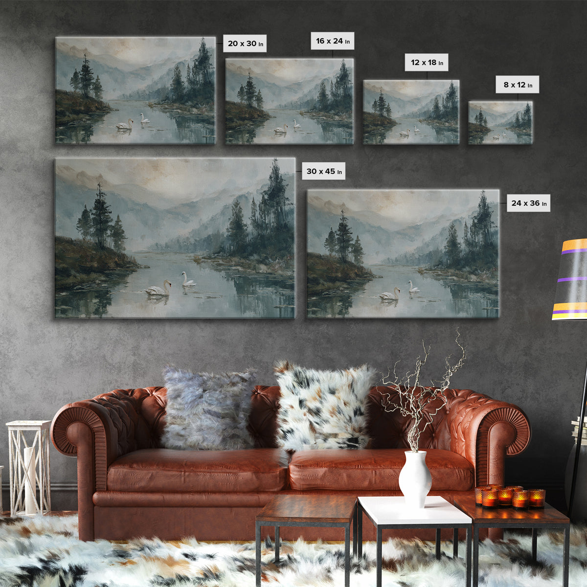 Paired Swans in a Dreamy Painterly Lake Framed Canvas Print, Above Bed Art, Living Room Decor, Bedroom Decor, Serenity, ABA-3x2-50