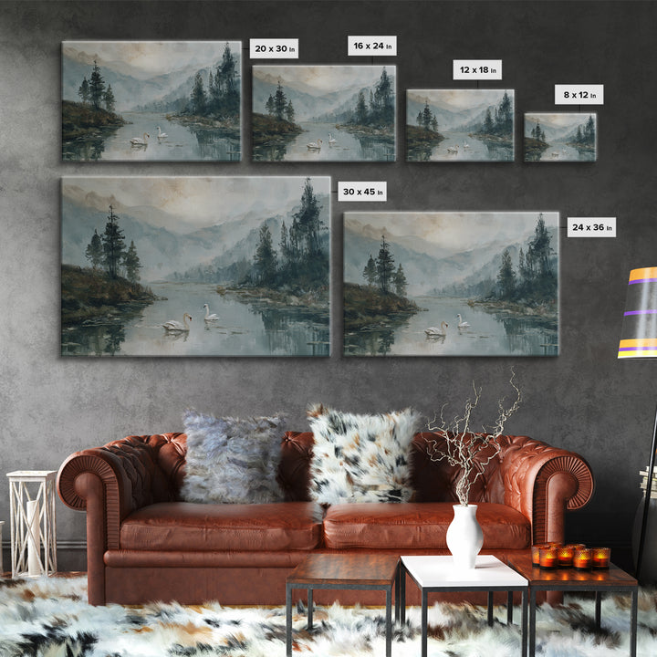 Paired Swans in a Dreamy Painterly Lake Framed Canvas Print, Above Bed Art, Living Room Decor, Bedroom Decor, Serenity, ABA-3x2-50