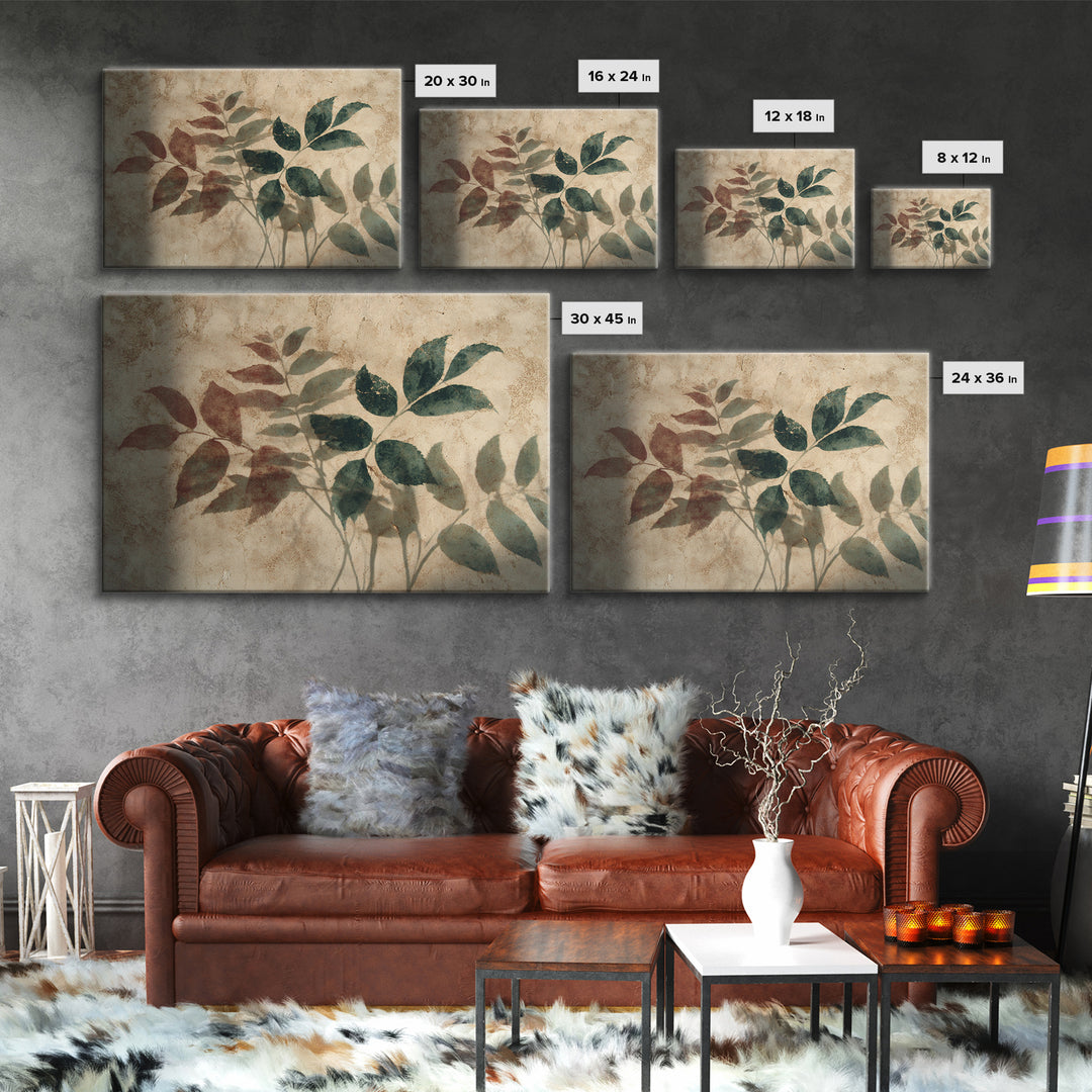 Tonal Botanical Shadows on Plaster Surface Canvas Print, Above Bed Art, Living Room Wall Art, Bedroom Decor, Oil Painting, ABA-3x2-51