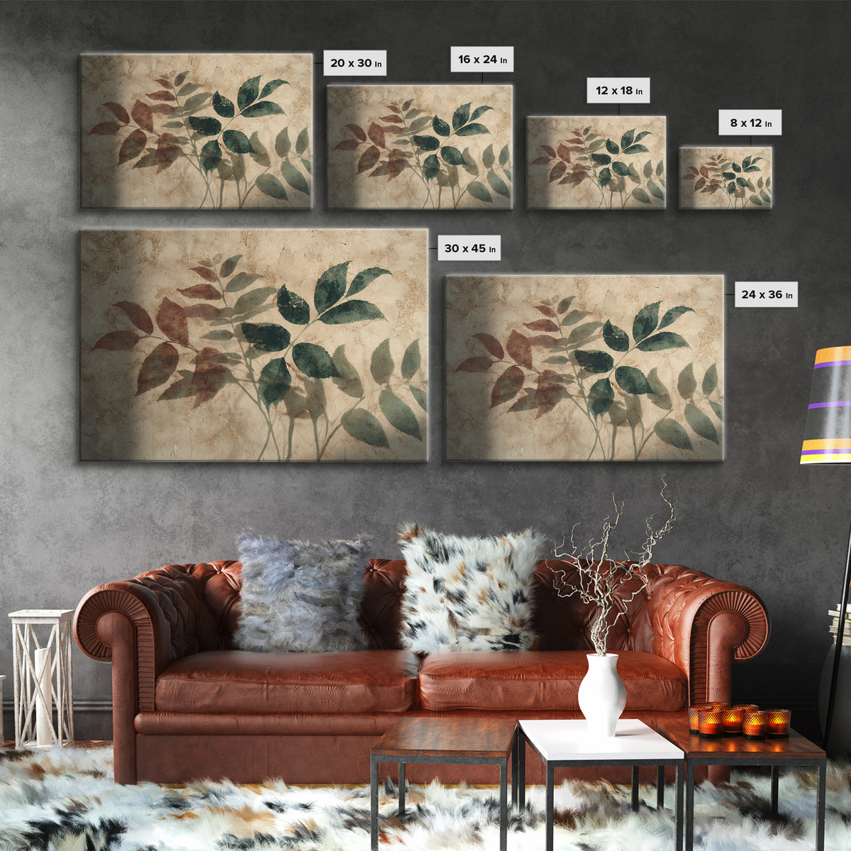 Tonal Botanical Shadows on Plaster Surface Canvas Print, Above Bed Art, Living Room Wall Art, Bedroom Decor, Oil Painting, ABA-3x2-51