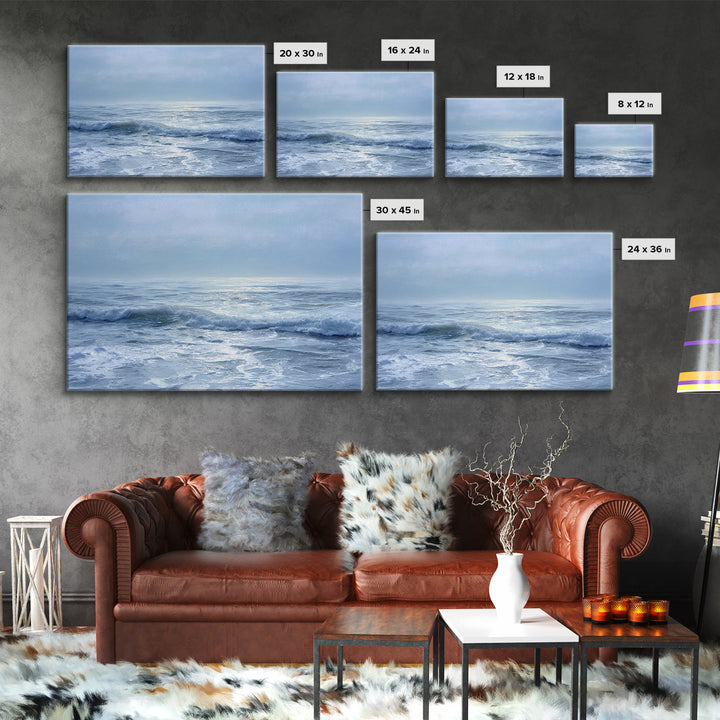 Quiet Moon over a Calm Ocean Horizon Framed Canvas Print, Above Bed Art, Digital Art, Bedroom Decor, Fine Art, Serenity, ABA-3x2-55