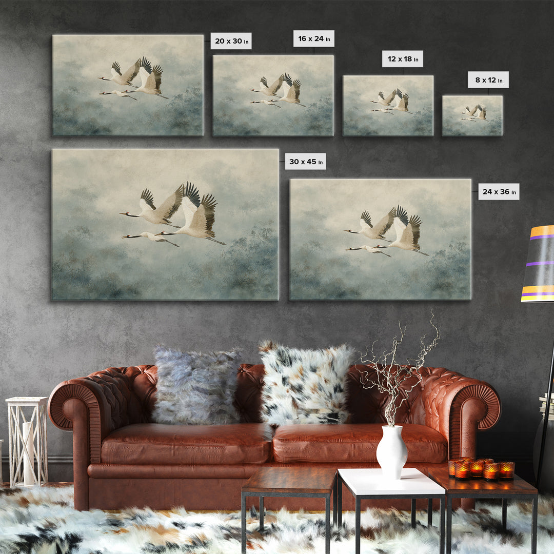 Ethereal Cranes Flying Through Pale Morning Mist Canvas Print, Above Bed Art, Sage Green Wall Art, Bedroom Decor, Oil Painting, ABA-3x2-61