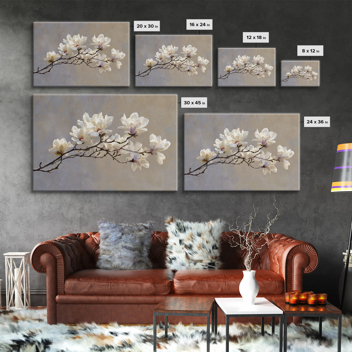 Delicate Magnolia Branch on Cream Background Canvas Print, Above Bed Art, Gallery Decor, Bedroom Decor, Oil Painting, Serenity, ABA-3x2-68
