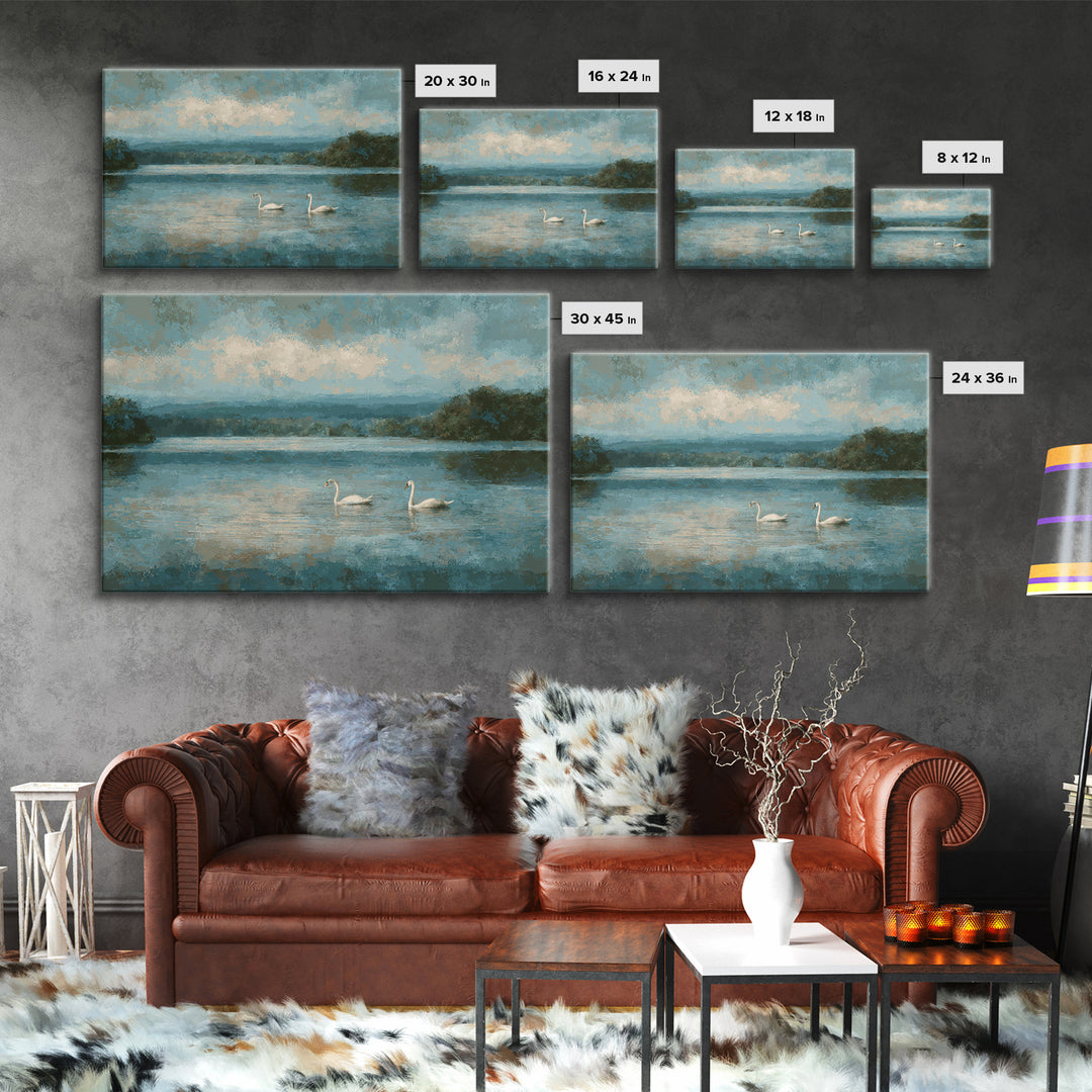 Paired Swans in a Dreamy Painterly Lake Framed Canvas Print, Above Bed Art, Living Room Decor, Bedroom Decor, Serenity, ABA-3x2-74