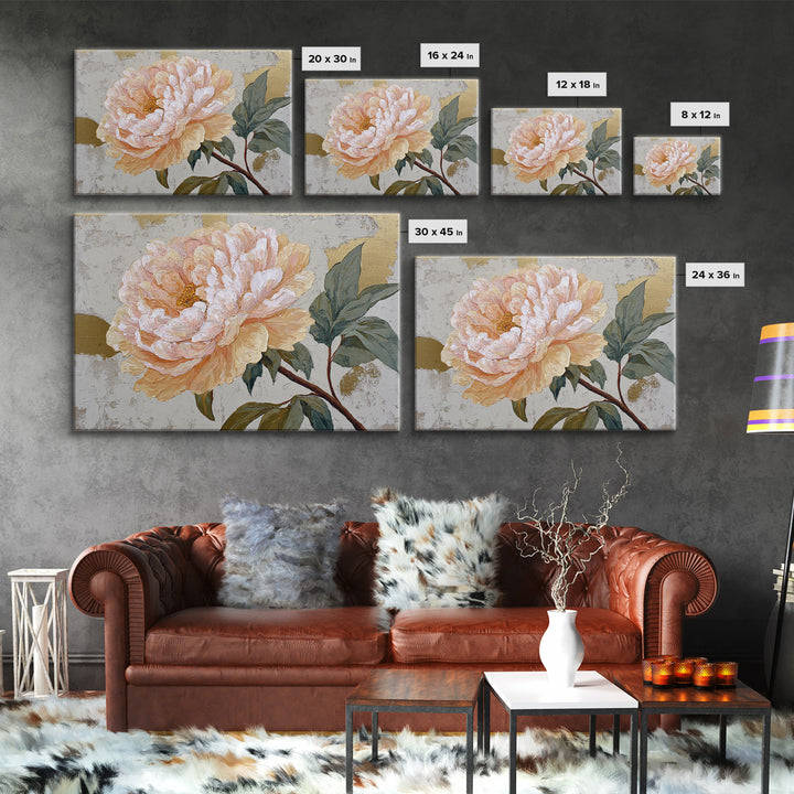 Romantic Oversized Peony Bloom on Warm Linen Framed Canvas Print, Above Bed Art, Boho Wall Decor, Bedroom Decor, Abstract Art, ABA-3x2-78