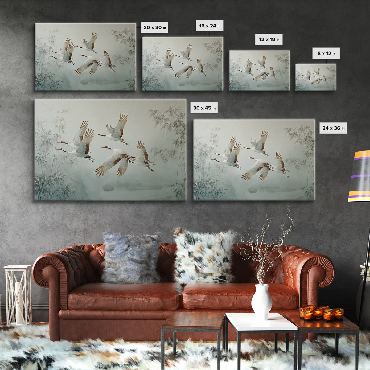 Ethereal Cranes Flying Through Pale Morning Mist Framed Canvas Print, Above Bed Art, Bedroom Wall Art, Bedroom Decor, Serenity, ABA-3x2-85