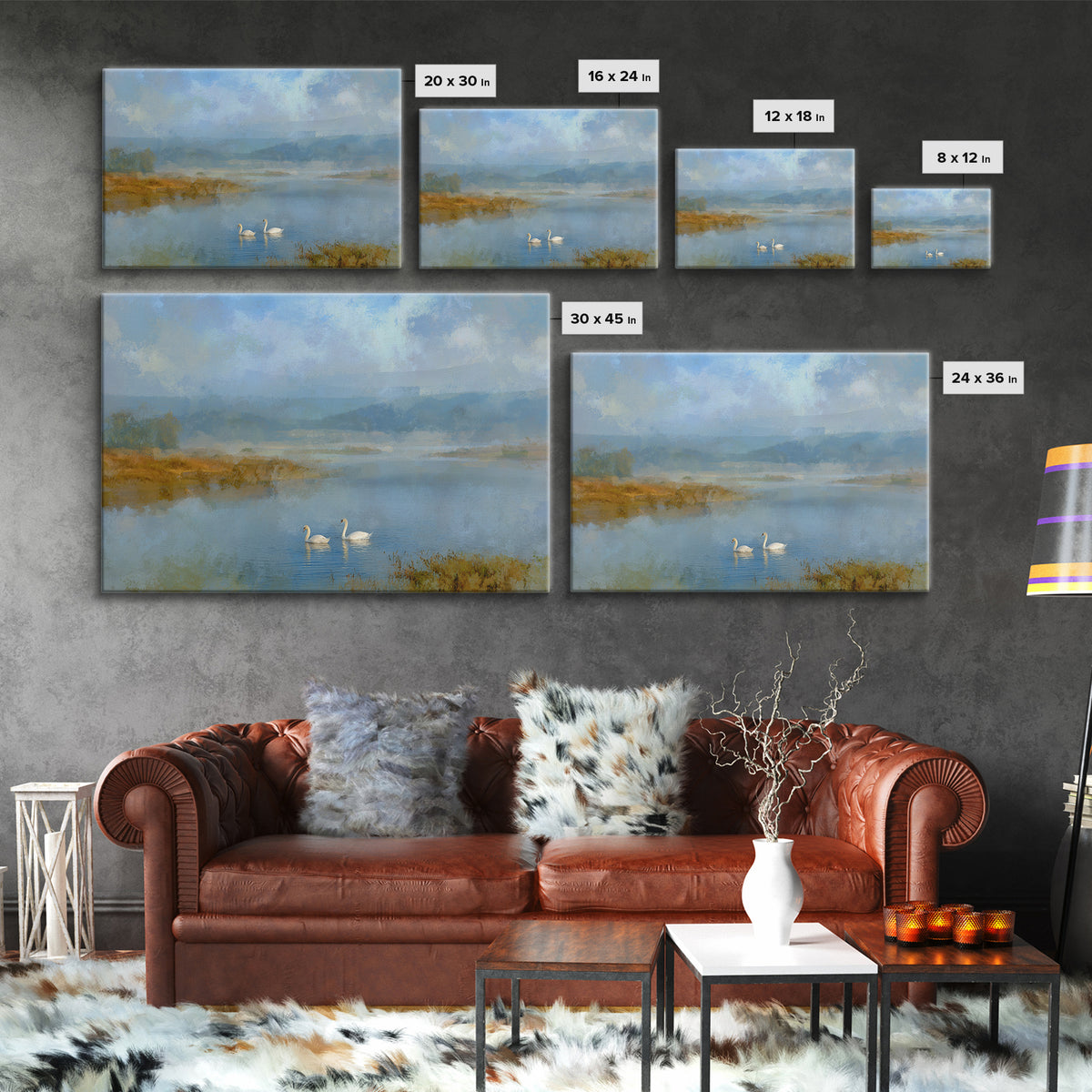 Paired Swans in a Dreamy Painterly Lake Canvas Print, Above Bed Art, Sage Green Wall Art, Bedroom Decor, Oil Painting, Serenity, ABA-3x2-98