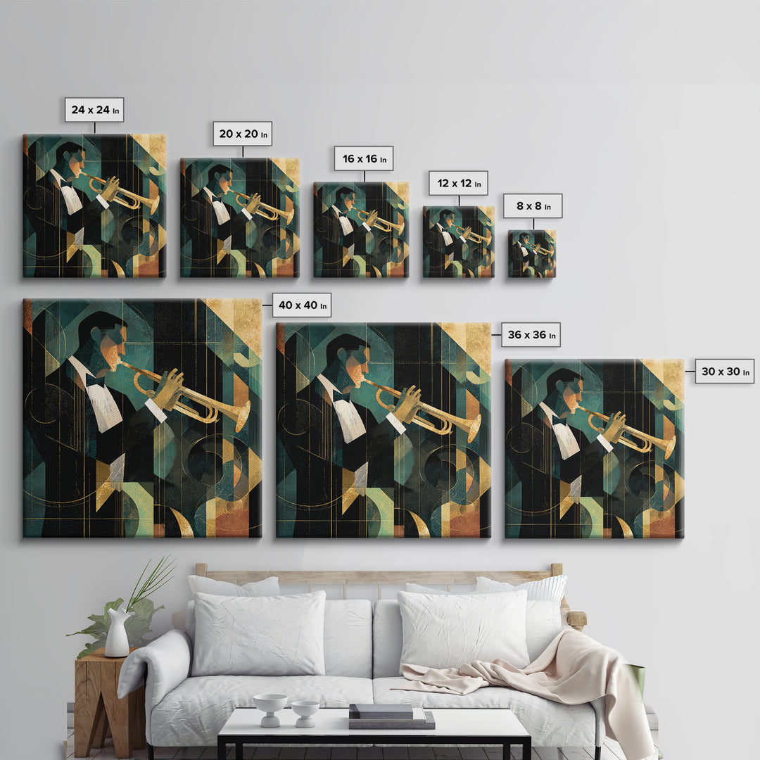 Jazz Trumpet Player Framed Canvas Print, Art Deco Art, Art Print, Living Room Decor, Oil Painting, Glamour, Printable Art, ADA-1x1-28