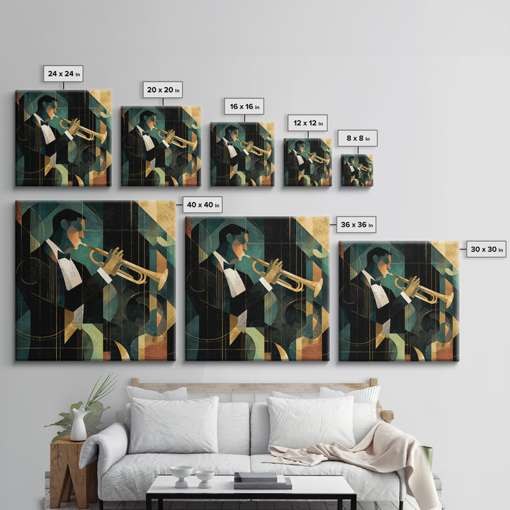 Jazz Trumpet Player Framed Canvas Print, Art Deco Art, Art Print, Living Room Decor, Oil Painting, Glamour, Printable Art, ADA-1x1-28