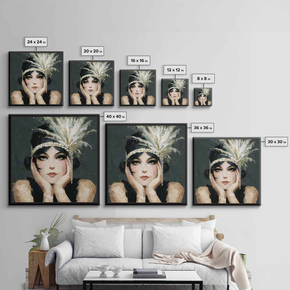 Flapper Portrait with Pearl Strands and Dramatic Framed Canvas Print, Art Deco Art, Gallery Decor, Living Room Decor, Glamour, ADA-1x1-38