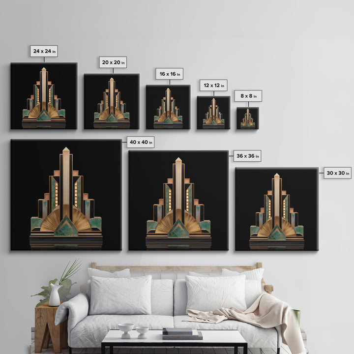 Stylized Skyscraper Crown Framed Canvas Print, Art Deco Art, Art Deco Wallpaper, Living Room Decor, Fine Art, Glamour, ADA-1x1-46