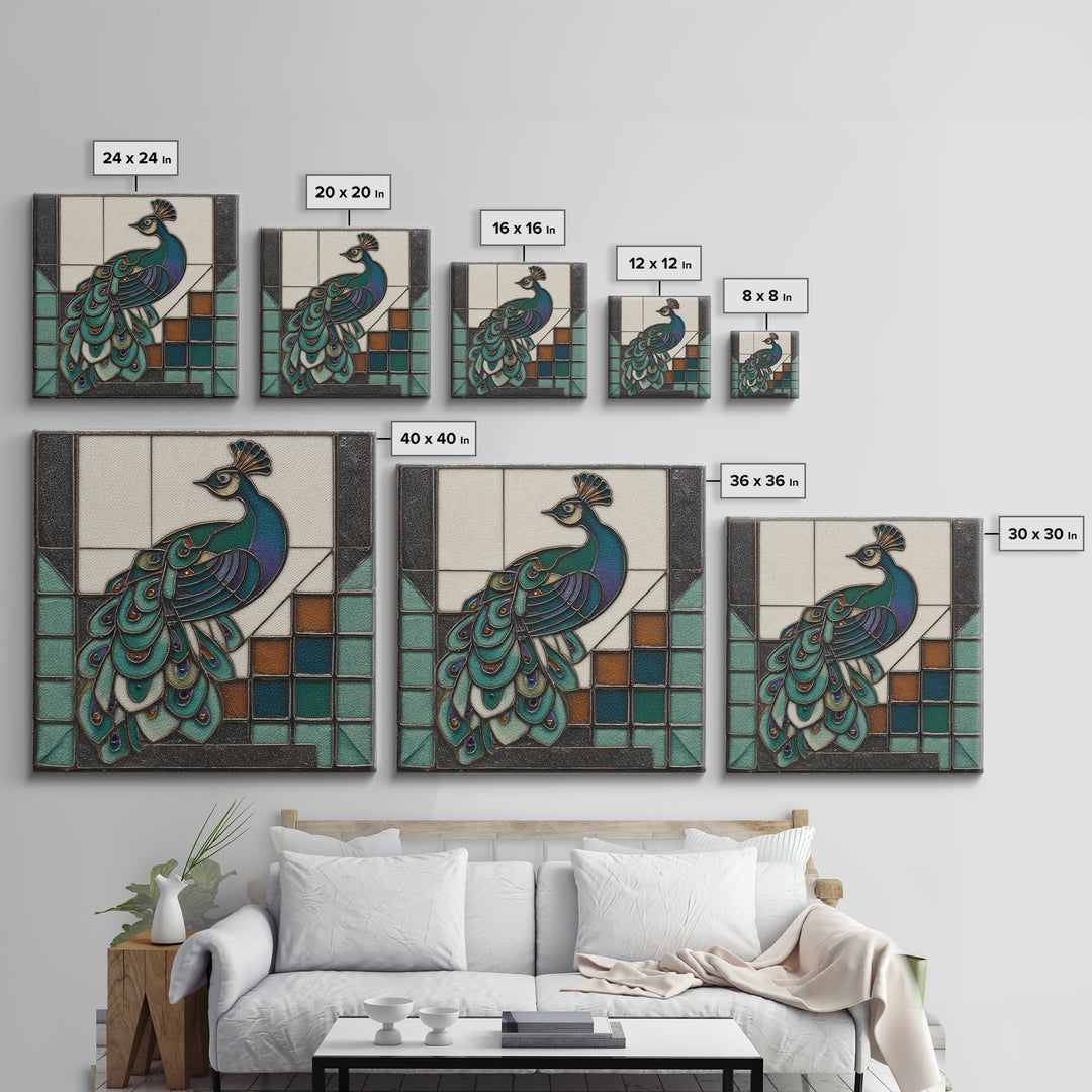 Sleek Peacock with Jeweled Feathers and Stepped Canvas Print, Art Deco Art, Blue Wallpaper, Living Room Decor, Glamour, ADA-1x1-51