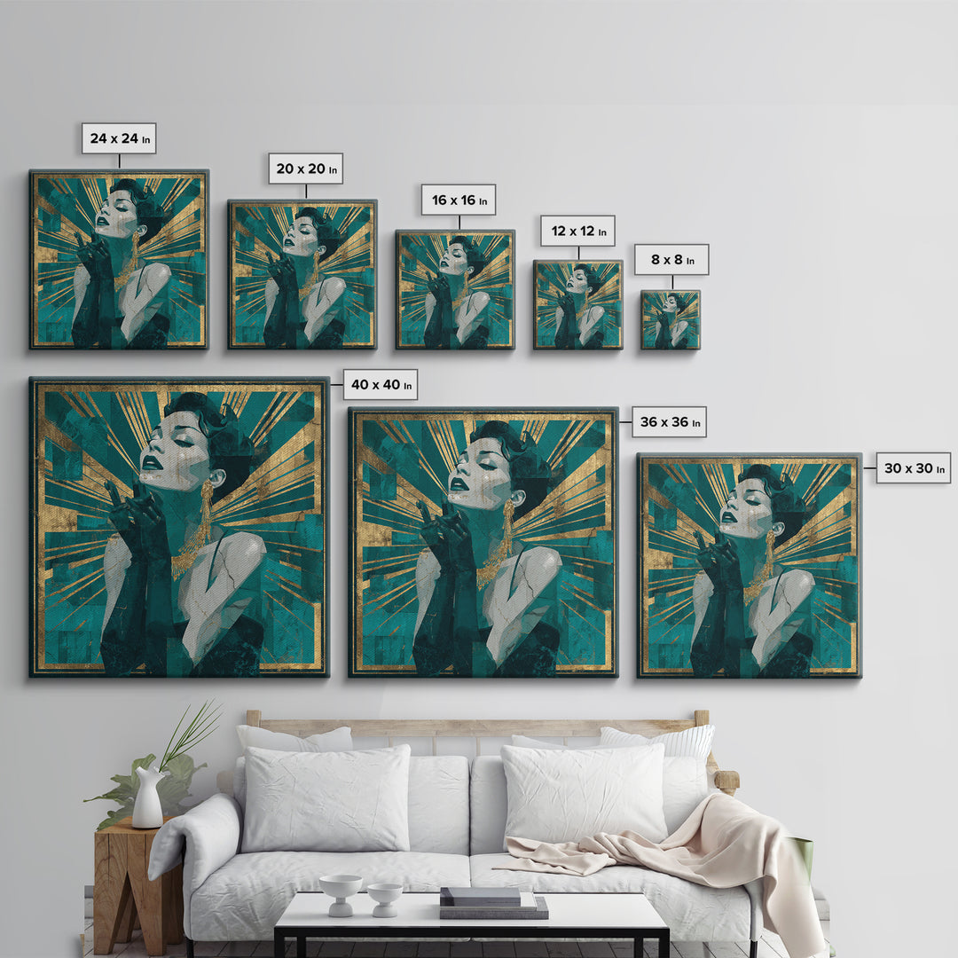 Moonlit Jazz Singer Framed by Gold Lines Canvas Print, Art Deco Art, Fine Art Print, Living Room Decor, Abstract Art, Glamour, ADA-1x1-95