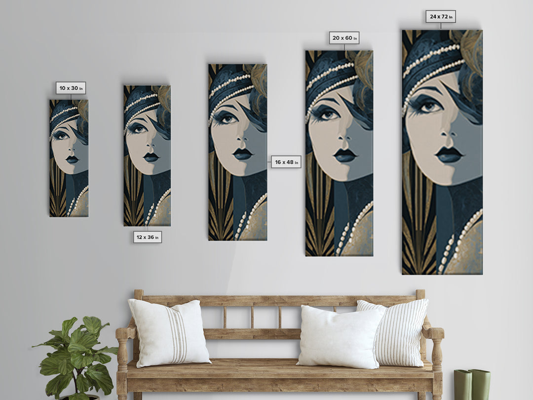 Flapper Portrait with Pearl Strands and Dramatic Canvas Print, Art Deco Art, Fine Art Print, Living Room Decor, Glamour, ADA-1x3-50