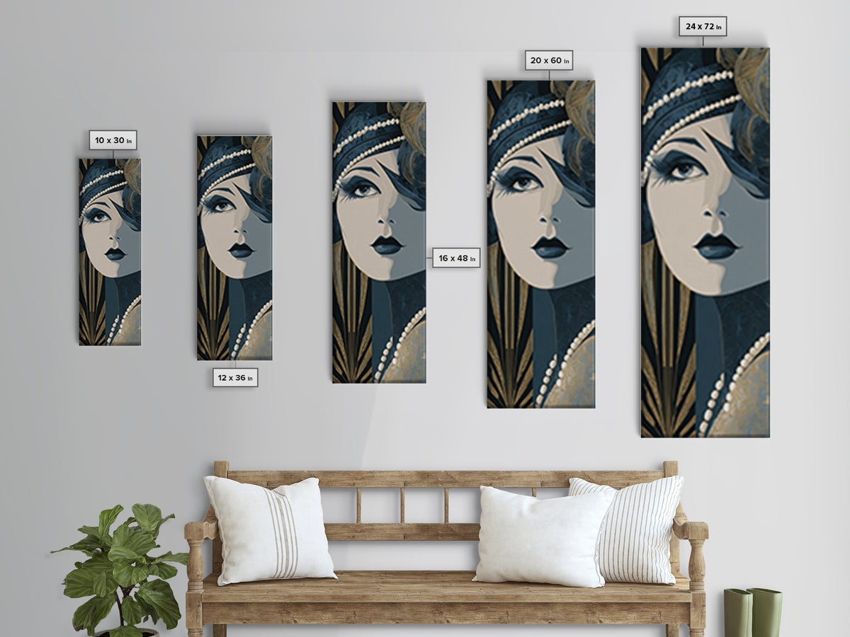 Flapper Portrait with Pearl Strands and Dramatic Canvas Print, Art Deco Art, Fine Art Print, Living Room Decor, Glamour, ADA-1x3-50