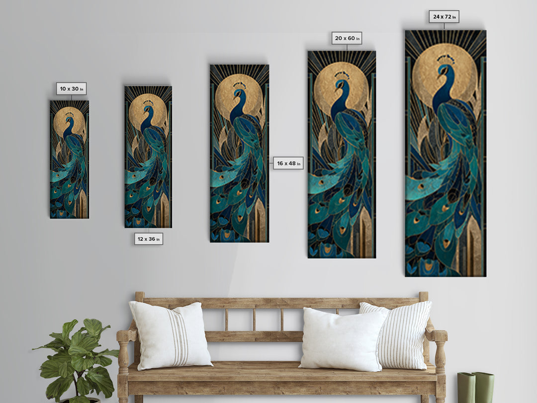 Sleek Peacock with Jeweled Feathers and Stepped Canvas Print, Art Deco Art, Blue Wallpaper, Living Room Decor, Abstract Art, ADA-1x3-63