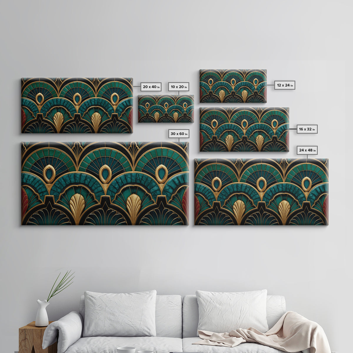 Emerald Peacock Feather Pattern Framed Canvas Print, Art Deco Art, Statement Artwork, Living Room Decor, Fine Art, Glamour, ADA-2x1-20