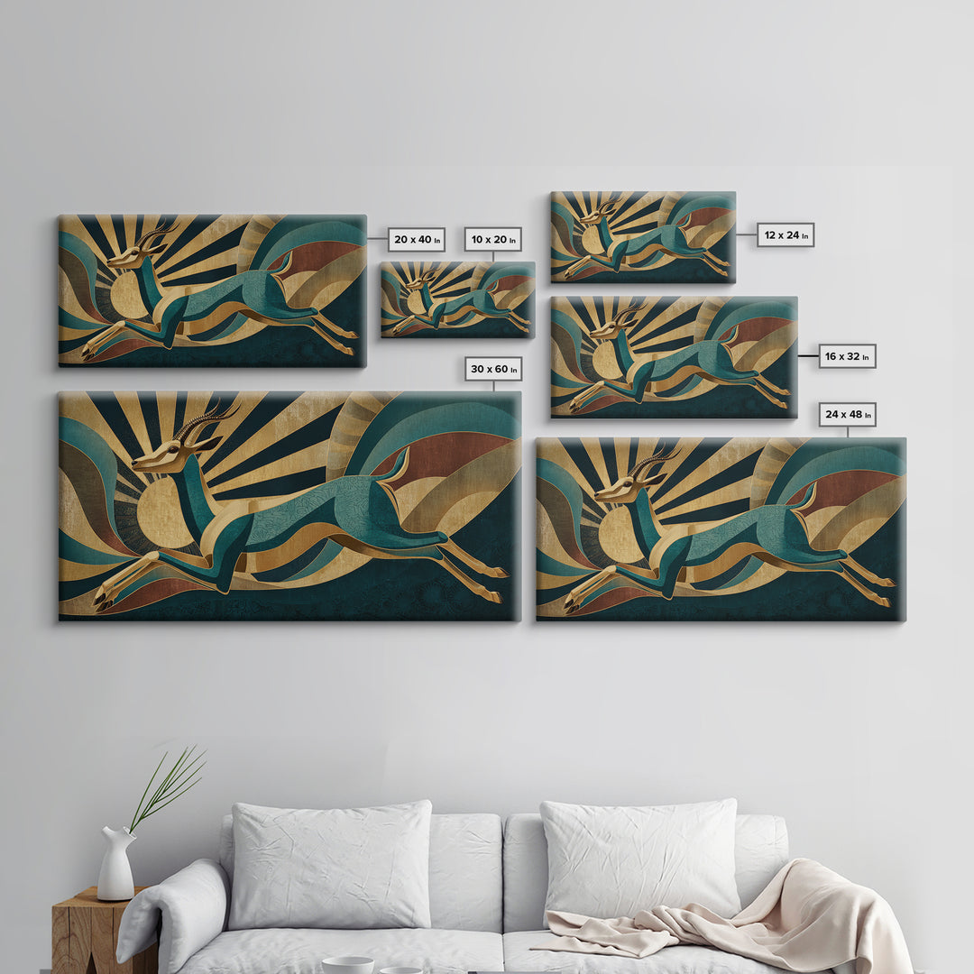 Stylized Gazelle Leaping Through Gold Rays Framed Canvas Print, Art Deco Art, Wall Decor, Living Room Decor, Fine Art, Glamour, ADA-2x1-33