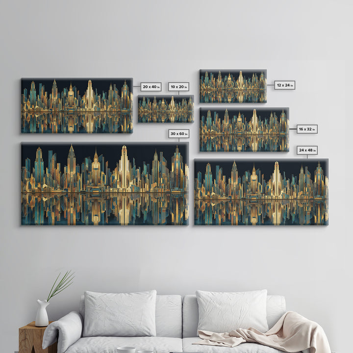 Stylized City Skyline Framed Canvas Print, Art Deco Art, Art, Living Room Decor, Fine Art, Glamour, Art Nouveau, Abstract Art, ADA-2x1-50