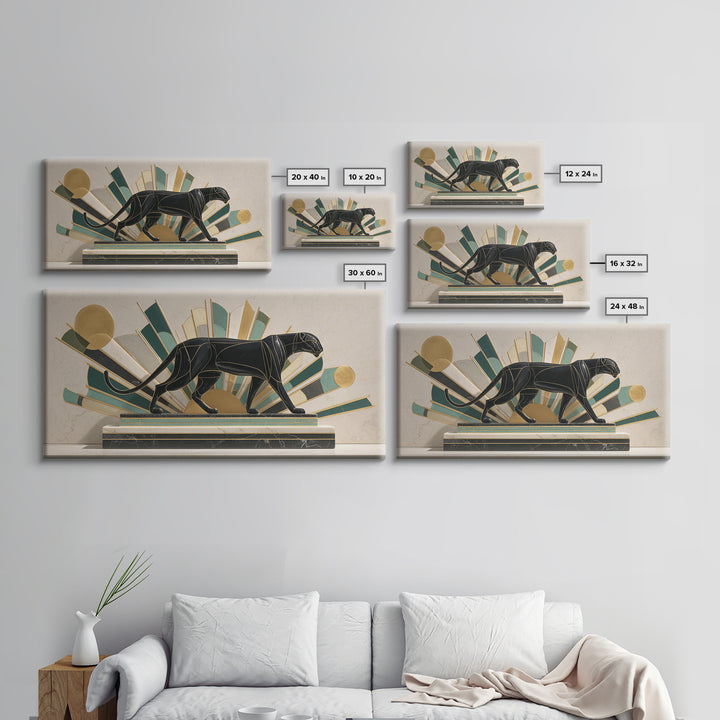 Black Panther Sculpture on a Marble Plinth Framed Canvas Print, Art Deco Art, Gallery Wall Art, Living Room Decor, Glamour, ADA-2x1-79