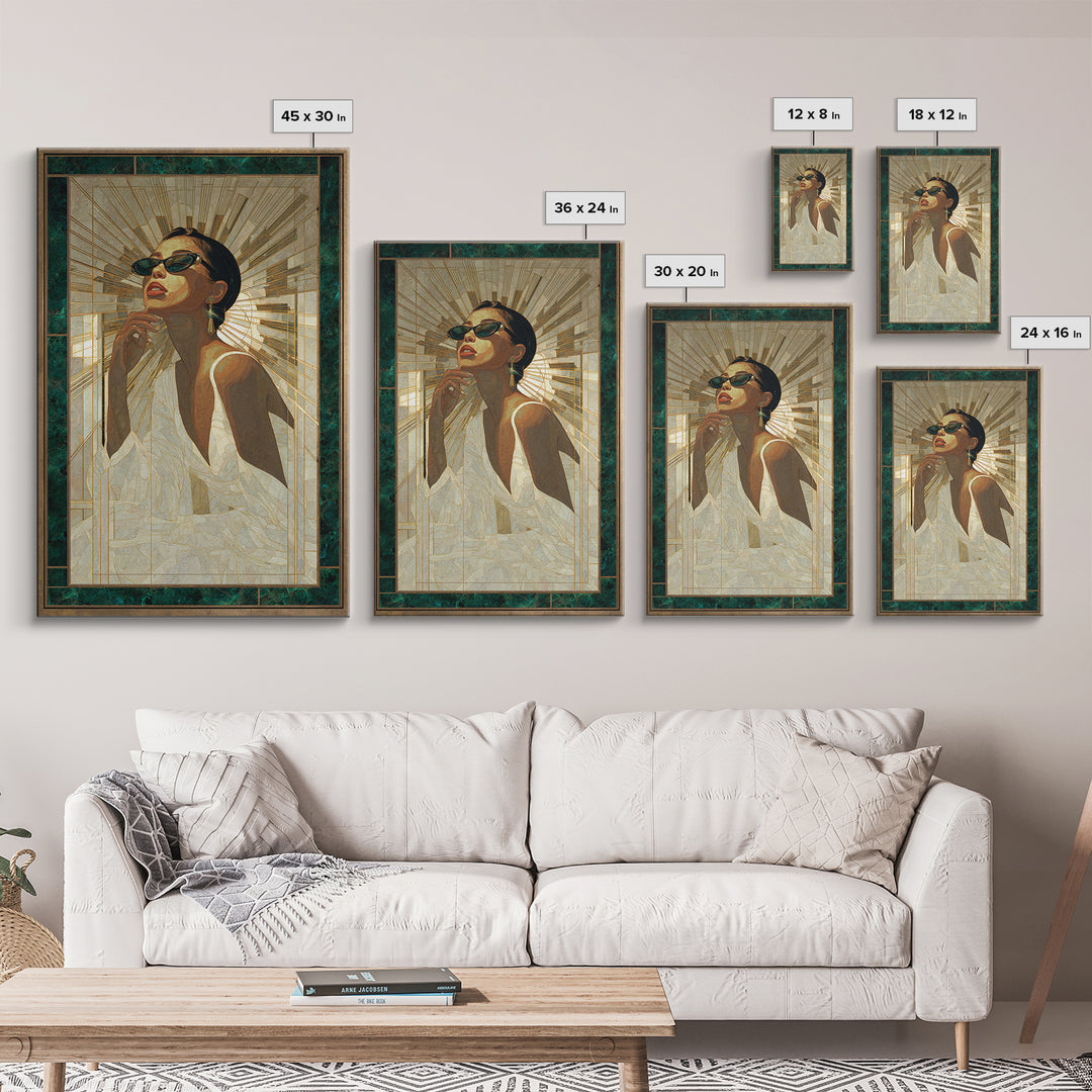 Moonlit Jazz Singer Framed by Gold Lines Canvas Print, Art Deco Art, Boho, Living Room Decor, Abstract Art, Glamour, ADA-2x3-79
