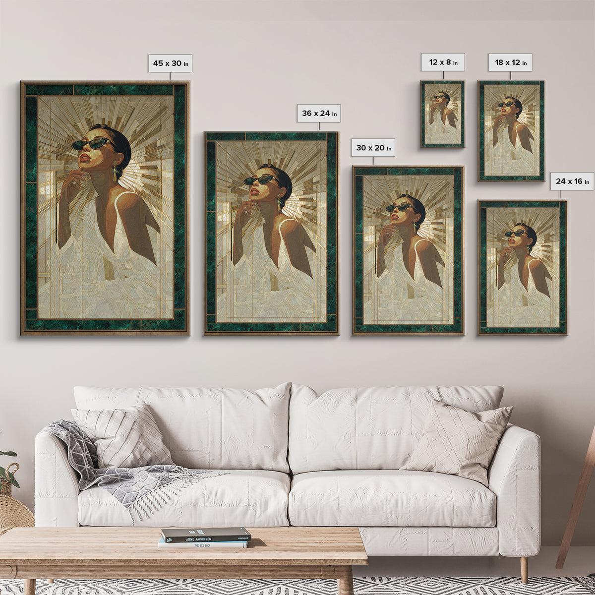 Moonlit Jazz Singer Framed by Gold Lines Canvas Print, Art Deco Art, Boho, Living Room Decor, Abstract Art, Glamour, ADA-2x3-79
