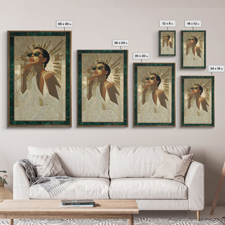 Moonlit Jazz Singer Framed by Gold Lines Canvas Print, Art Deco Art, Boho, Living Room Decor, Abstract Art, Glamour, ADA-2x3-79