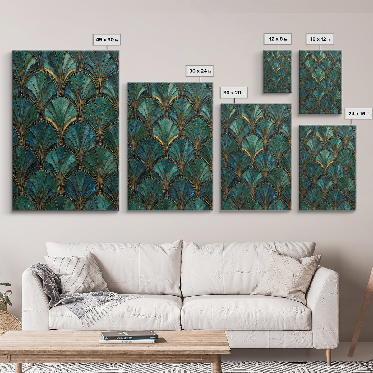 Emerald Peacock Feather Pattern Framed Canvas Print, Art Deco Art, Blue Wallpaper, Living Room Decor, Oil Painting, Glamour, ADA-2x3-8