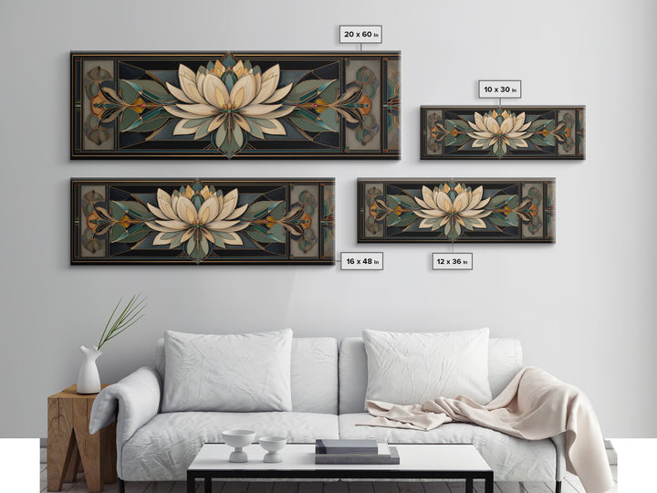 Geometric Lotus Flower Framed Canvas Print, Art Deco Art, Blue Wallpaper, Living Room Decor, Watercolor Art, Glamour, ADA-3x1-28
