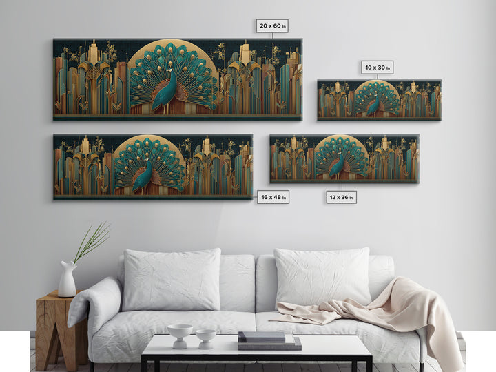 Sleek Peacock with Jeweled Feathers and Stepped Canvas Print, Art Deco Art, Living Room Decor, Abstract Art, Glamour, ADA-3x1-43