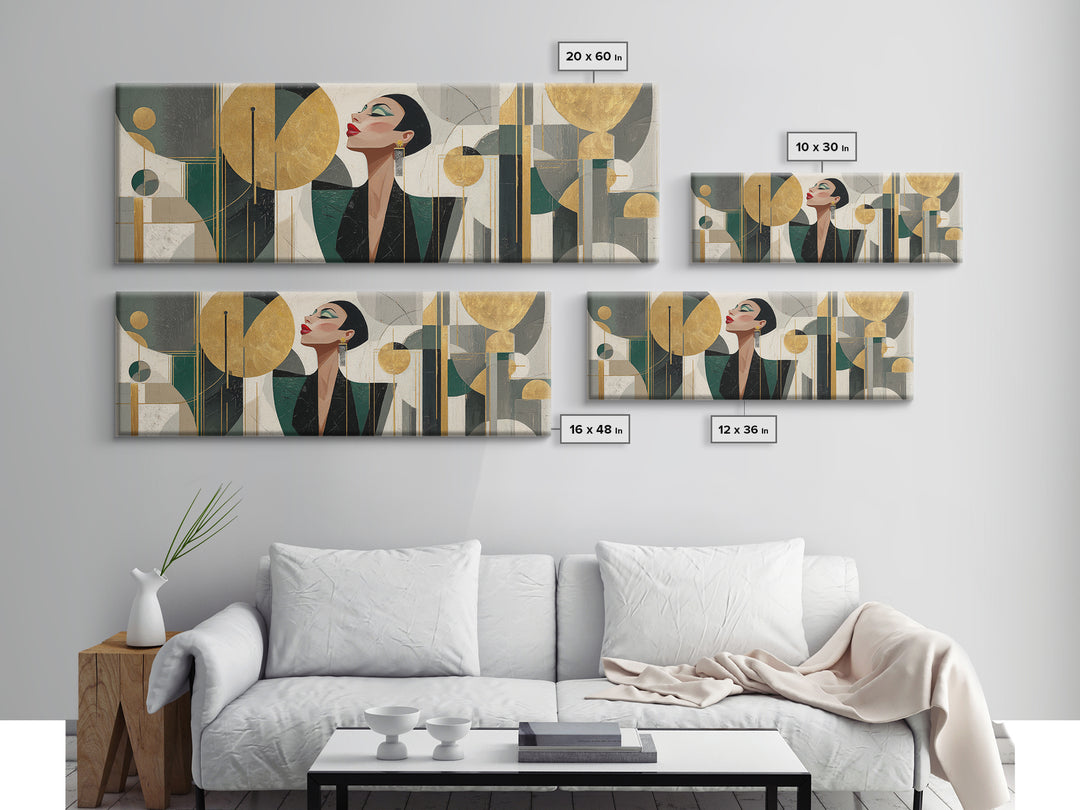Moonlit Jazz Singer Framed by Gold Lines Framed Canvas Print, Art Deco Art, Living Room Decor, Abstract Art, Glamour, ADA-3x1-63