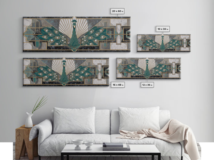 Sleek Peacock with Jeweled Feathers and Stepped Canvas Print, Art Deco Art, Mid Century Modern, Living Room Decor, Glamour, ADA-3x1-67