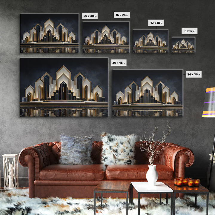 Stylized City Skyline Framed Canvas Print, Art Deco Art, Digital Print, Living Room Decor, Fine Art, Glamour, Downloadable Art, ADA-3x2-10