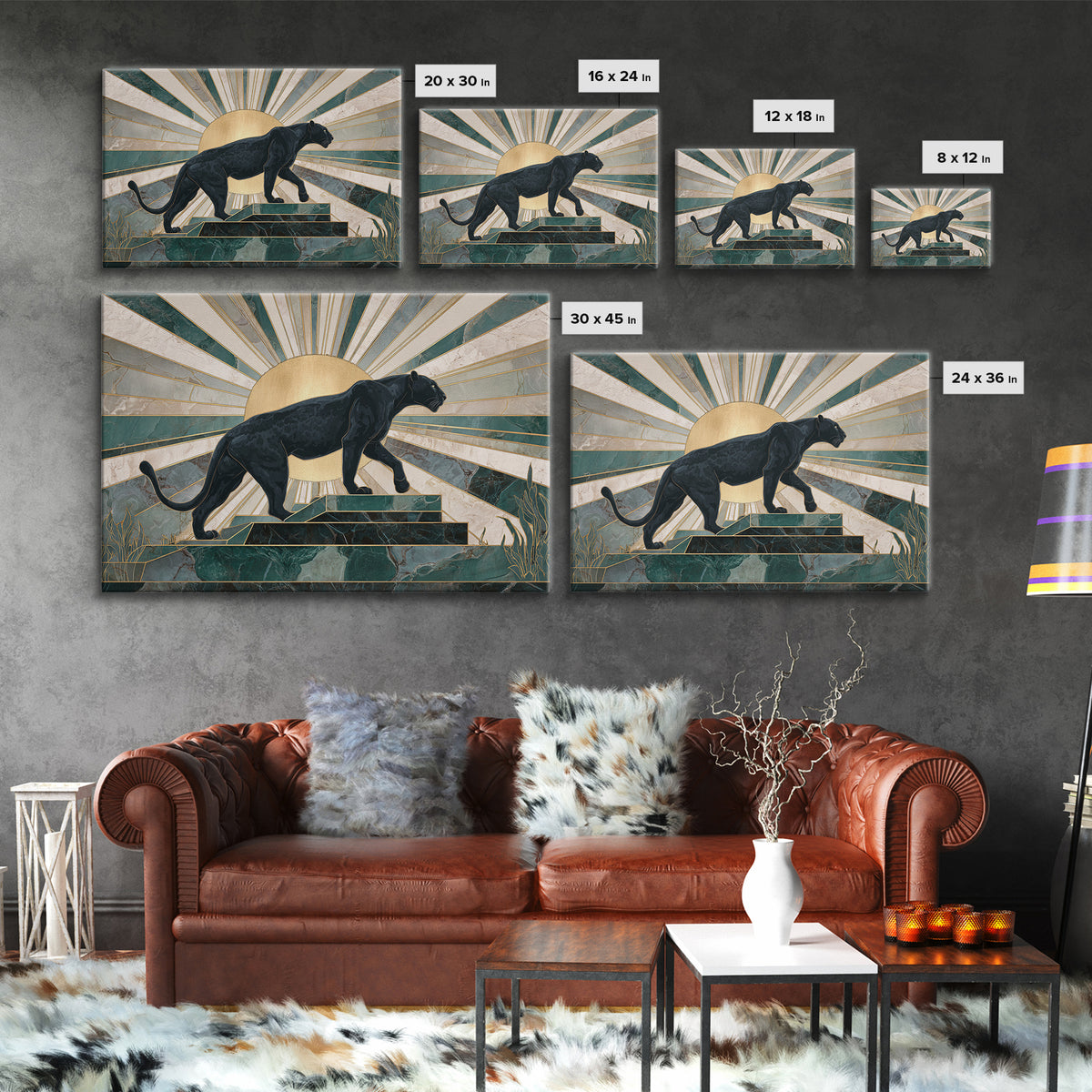 Black Panther Sculpture on a Marble Plinth Framed Canvas Print, Art Deco Art, Wall Art Print, Living Room Decor, Glamour, ADA-3x2-63