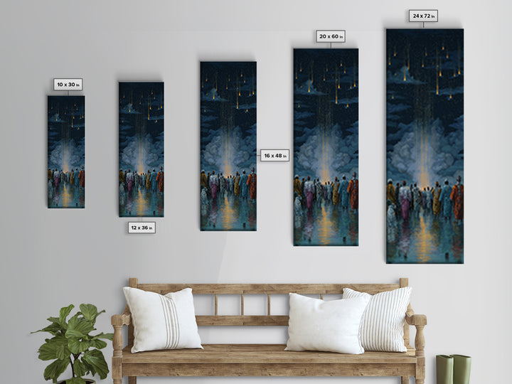 Robed Figures Watching Golden Light Rain From Clouds, Wall Art, Spiritual African Canvas Print, Mystical Home Decor Gift