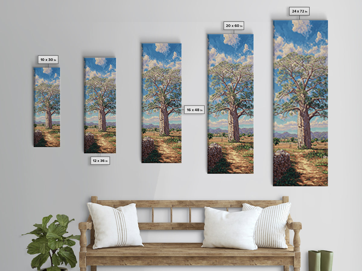 Sunlit Baobab Tree Landscape, African Wall Art, Safari Decor, Nature Scene Art, Blue Sky Framed Canvas Print Gift For Living Room