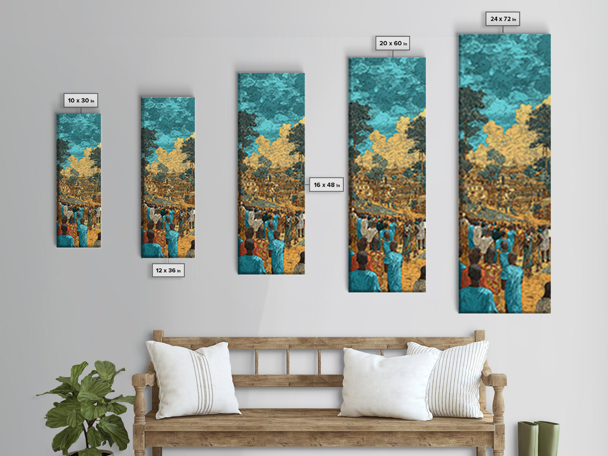 Bustling African Village Market, African Wall Art, Cultural Decor, West Africa Art, Turquoise Canvas Print Home Decor Gift