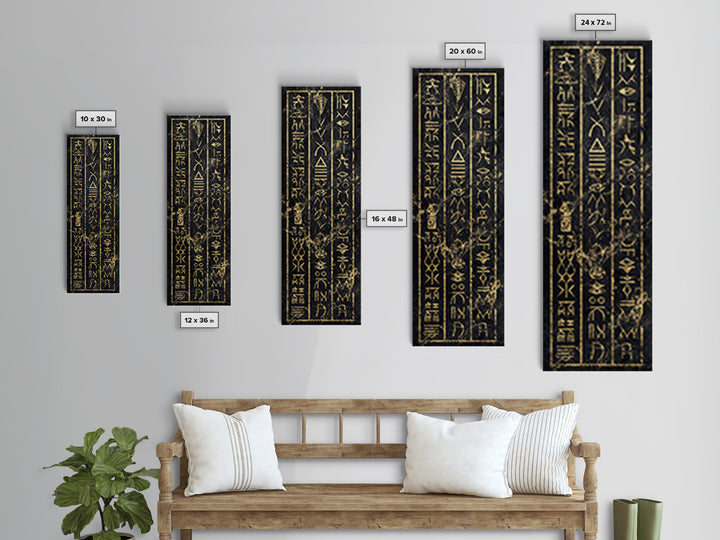 Gold Ancient African Glyphs On Black Wall Art, Tribal Hieroglyphic Canvas, Afrocentric Decor, Cultural Home Decor Gift For Living Room