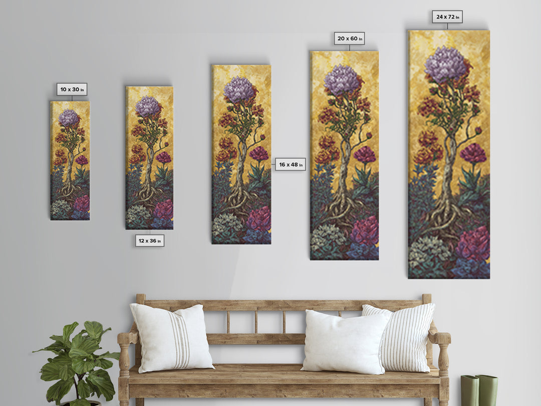 Golden Surreal African Flowering Tree Canvas Print, Botanical Wall Decor, Nature Scene Art, Elegant Home Decor Gift For Living Room