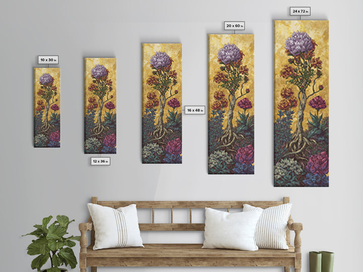 Golden Surreal African Flowering Tree Canvas Print, Botanical Wall Decor, Nature Scene Art, Elegant Home Decor Gift For Living Room