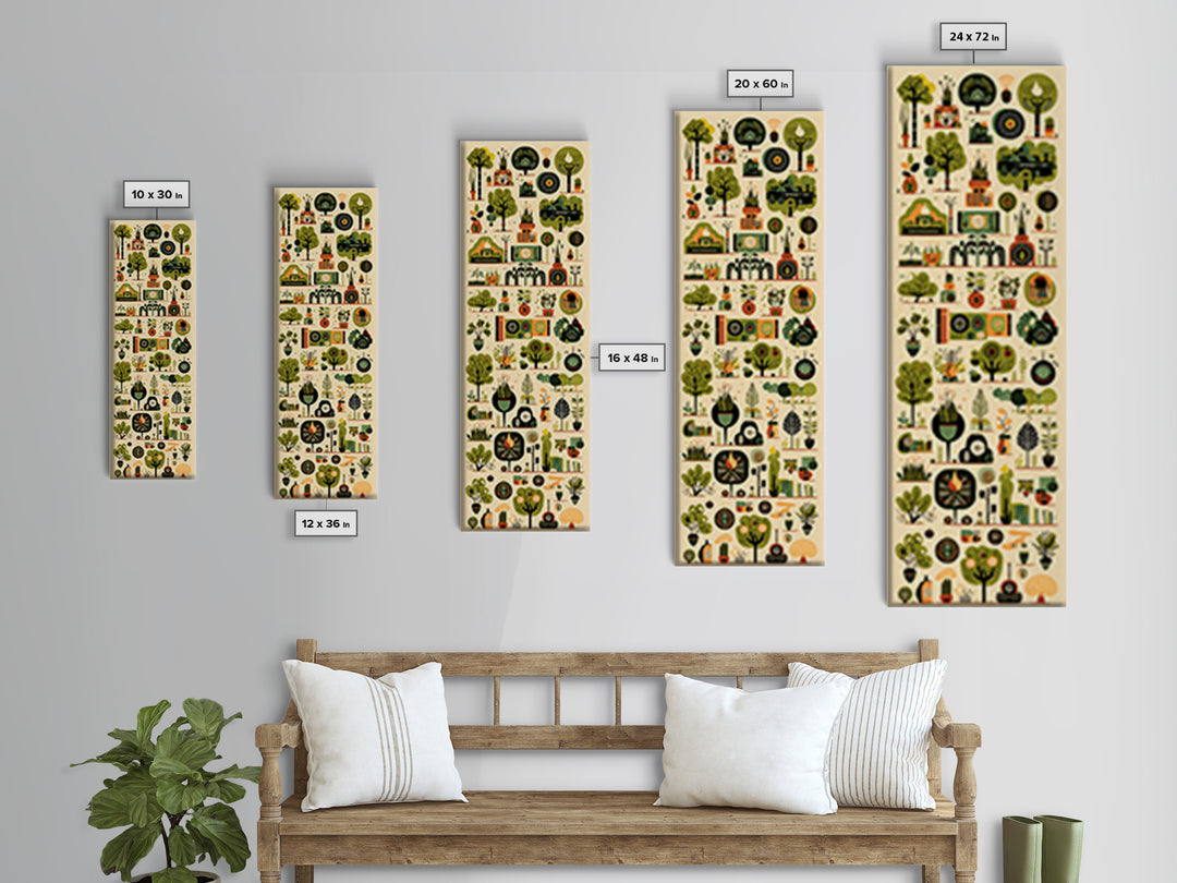 Whimsical African Garden Icon Wall Art, Botanical Pattern Canvas, Green Nature Decor, Modern Afrocentric Home Decor Gift
