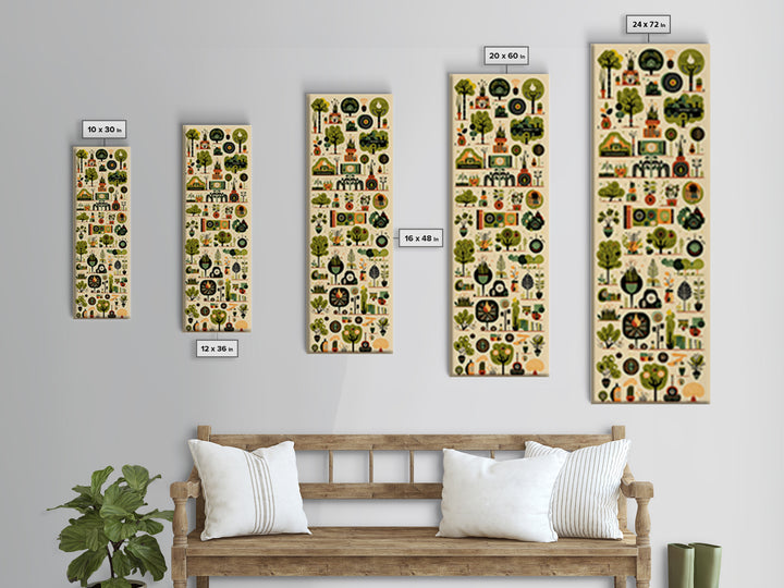 Whimsical African Garden Icon Wall Art, Botanical Pattern Canvas, Green Nature Decor, Modern Afrocentric Home Decor Gift