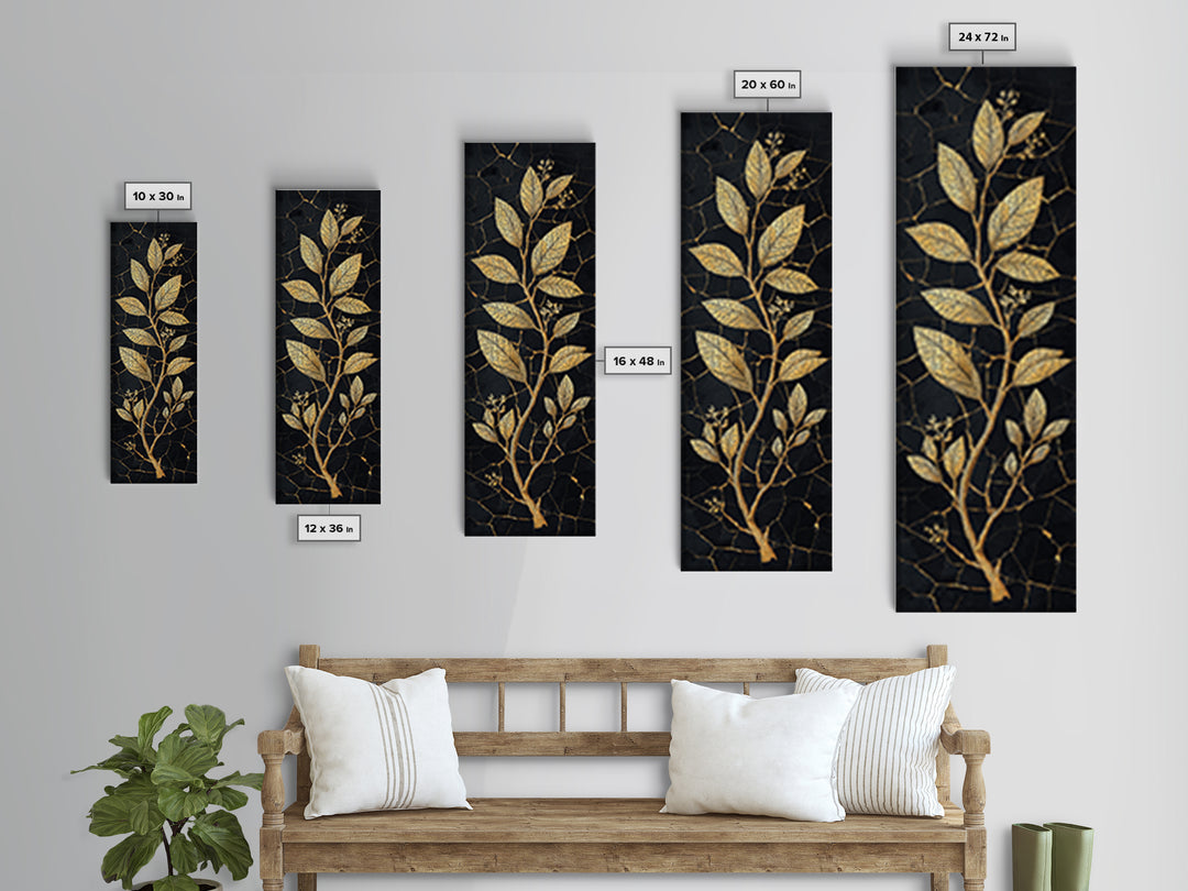 Gold Botanical Branch On Cracked Black Stone Wall Art, Luxury Canvas Print, Elegant Home Decor, Nature Artwork Gift For Living Room