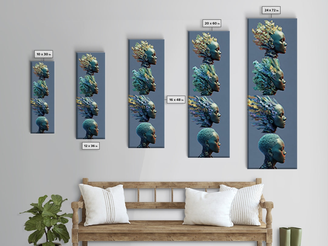 Four Blue African Women In Profile With Floral Hair Framed Canvas Print, Afrocentric Wall Art, Black Beauty Portrait Decor