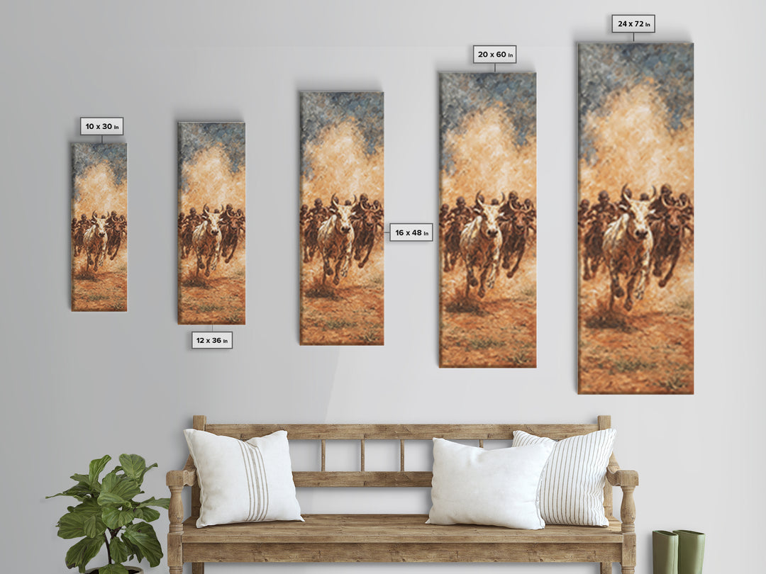 Dusty African Cattle Charge With Warriors Wall Art, Afrocentric Safari Painting, Tribal Culture Decor, Large Canvas Print