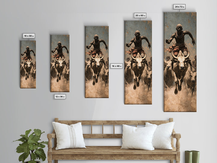 African Bull Rider Herding Cattle Framed Canvas Print, Warrior Portrait Wall Art, Afrocentric Safari Decor, Rustic Home Gift